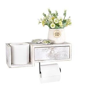 White Wooden Toilet Paper Organizer with Drawer and Shelf